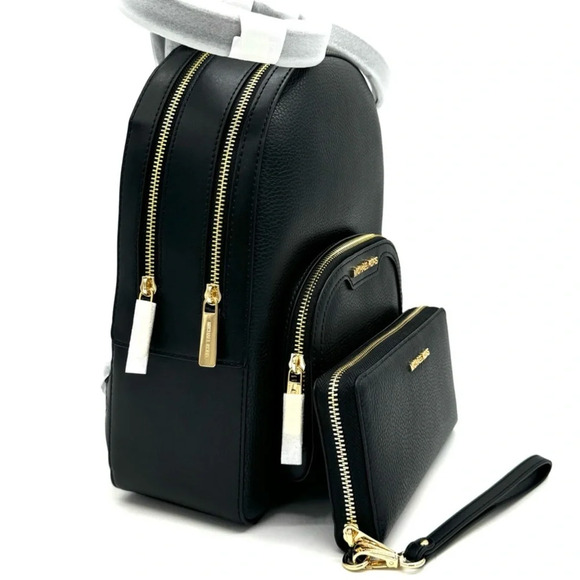 Michael Kors Medium Jaycee Backpack & Large Continental Wallet Black/Gold - Picture 4 of 14